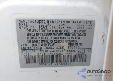 2018 Nissan Sentra S z USA, uszkodzony, nr VIN 3N1AB7AP0JY332369